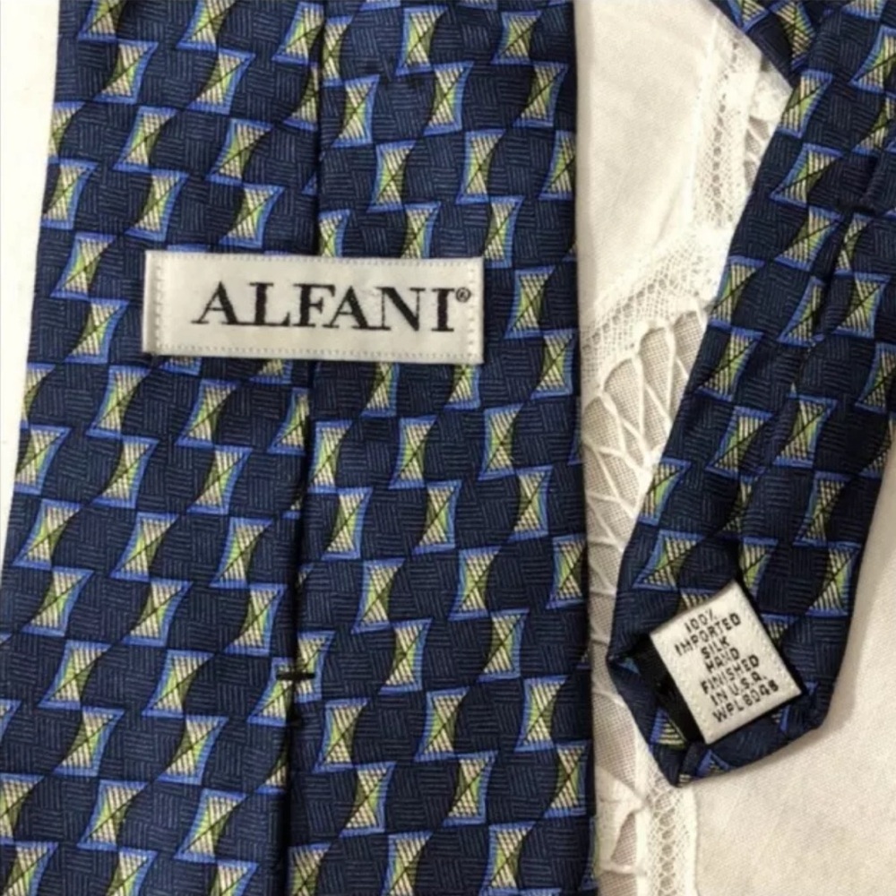 ALFANI 100% Silk Tie Blue Green Geometric Pattern 58” x 4” Office Professional - Picture 6 of 6